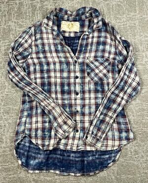 Bella Dahl Blue White Burgundy Plaid Flannel Button Up Long Sleeve Pockets M